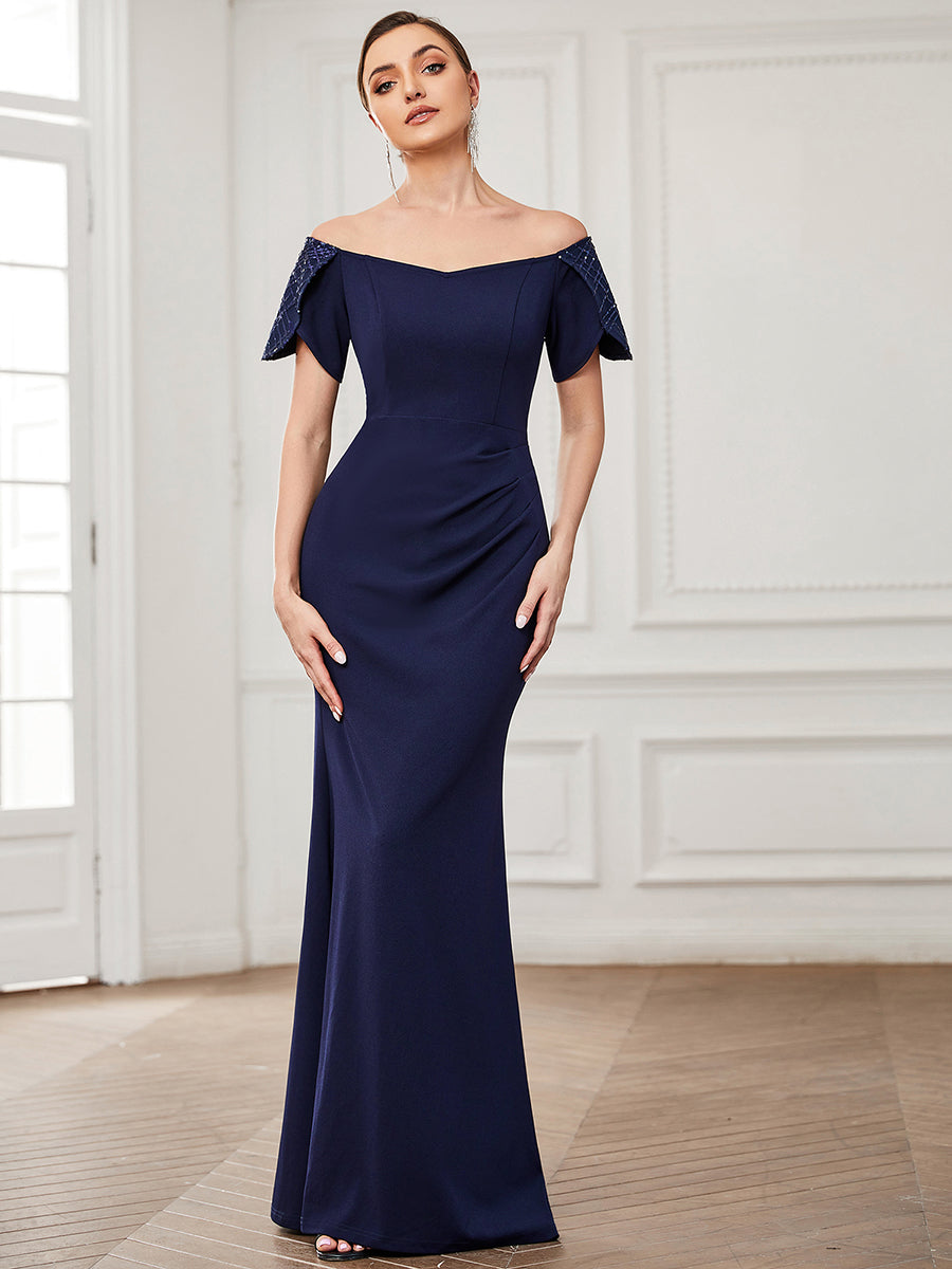 Color=Navy Blue | Classy Off Shoulders Short Sleeves Fishtail Wholesale Evening Dresses-Navy Blue 4