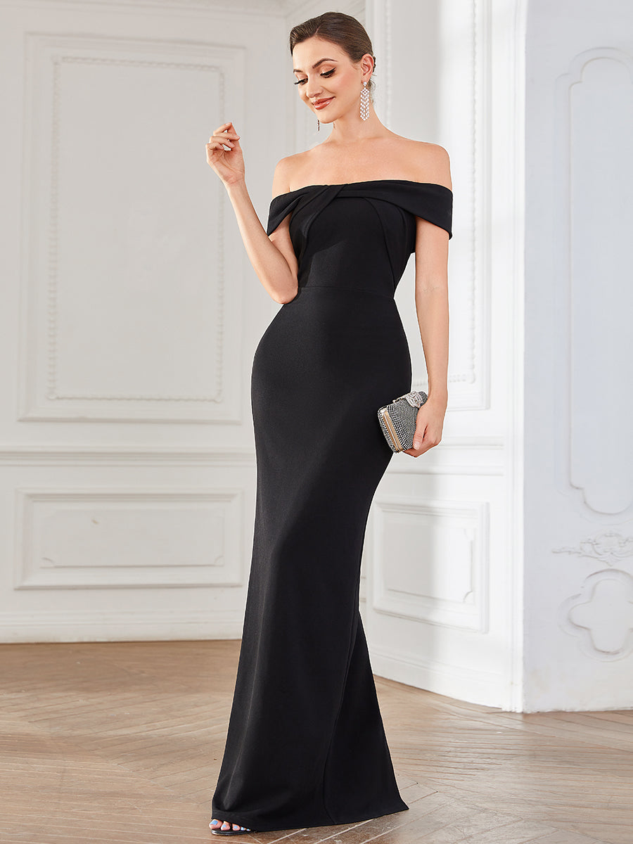 Color=Black | Short Sleeves Off Shoulder Fishtail Split Wholesale Evening Dresses-Black 1
