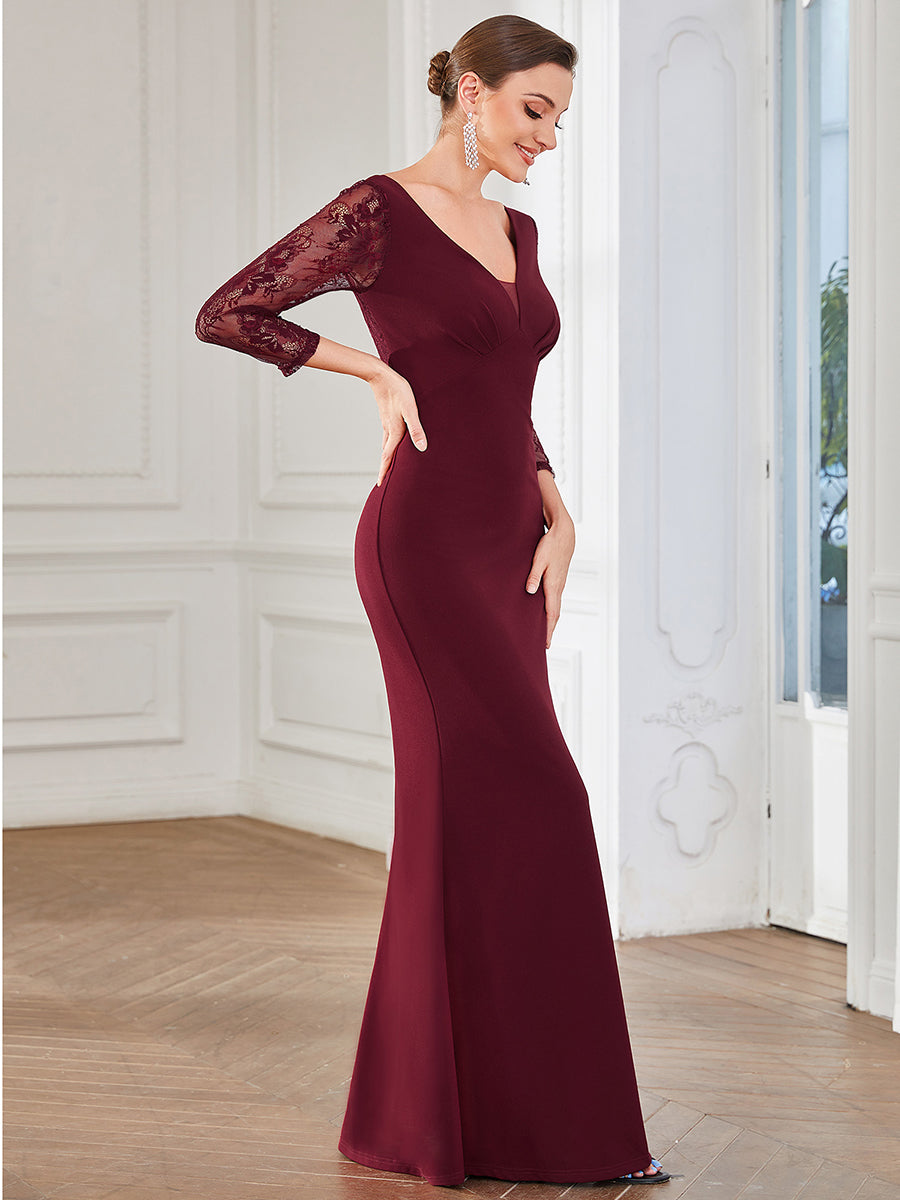 Color=Burgundy | Sexy Deep V Neck A Line See Through Sleeves Wholesale Evening Dresses-Burgundy 4