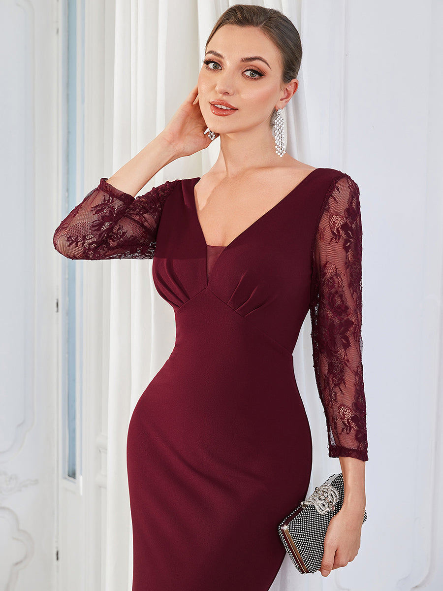 Color=Burgundy | Sexy Deep V Neck A Line See Through Sleeves Wholesale Evening Dresses-Burgundy 5