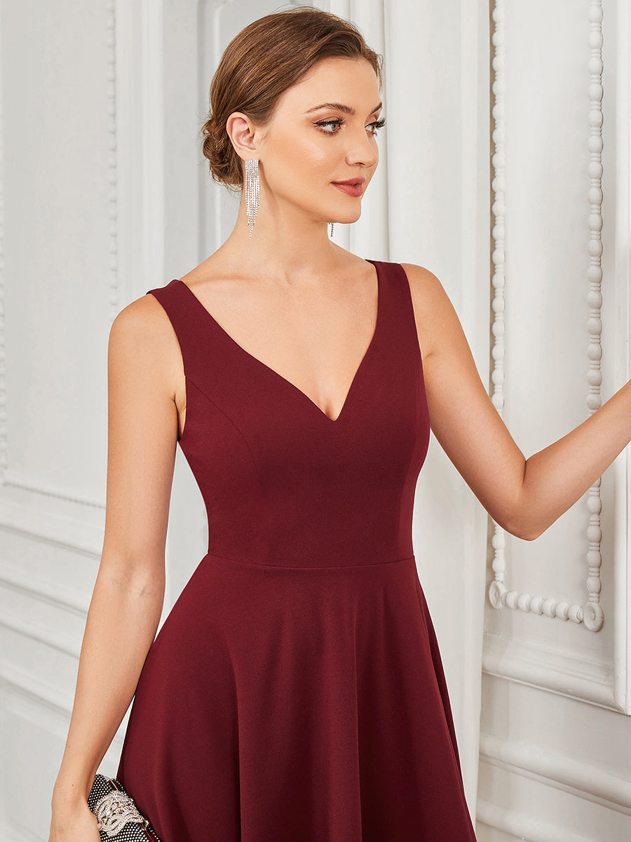 Color=Burgundy | Deep V Neck Sleeveless Wholesale Evening Dresses with Asymmetrical Hem-Burgundy 5