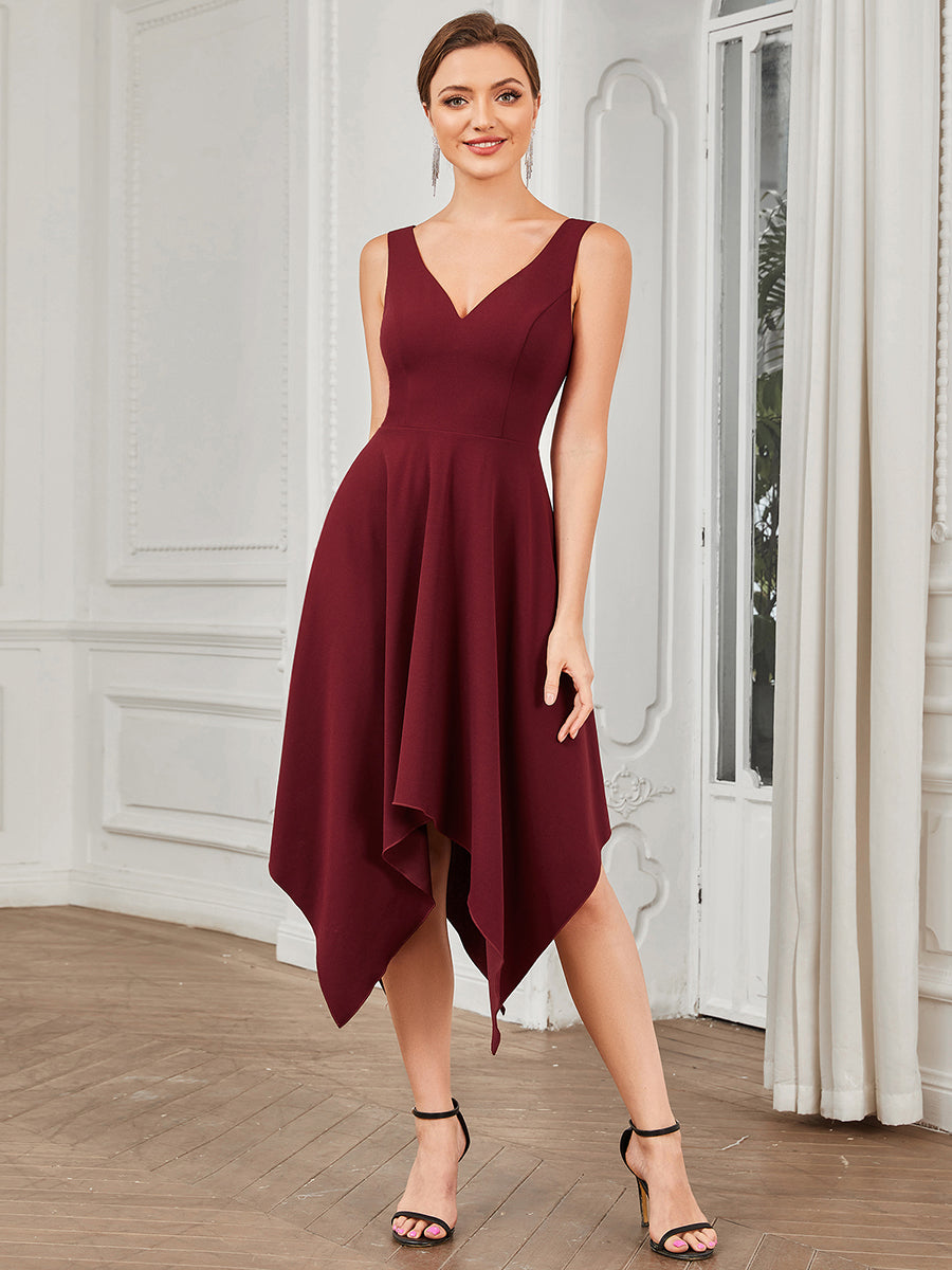Color=Burgundy | Deep V Neck Sleeveless Wholesale Evening Dresses with Asymmetrical Hem-Burgundy 1