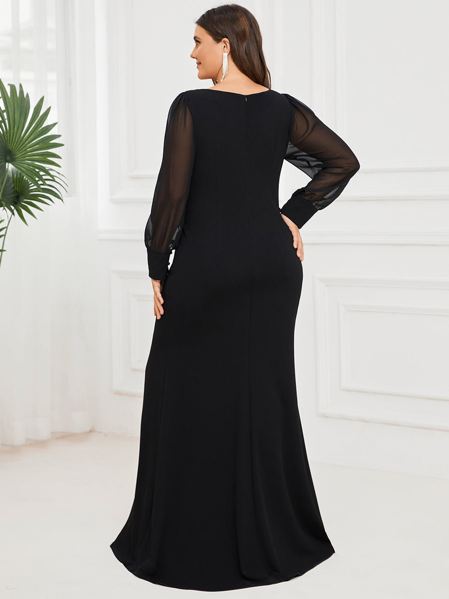 Color=Black | Square Neckline Long Sleeves A Line Wholesale Evening Dresses-Black 2