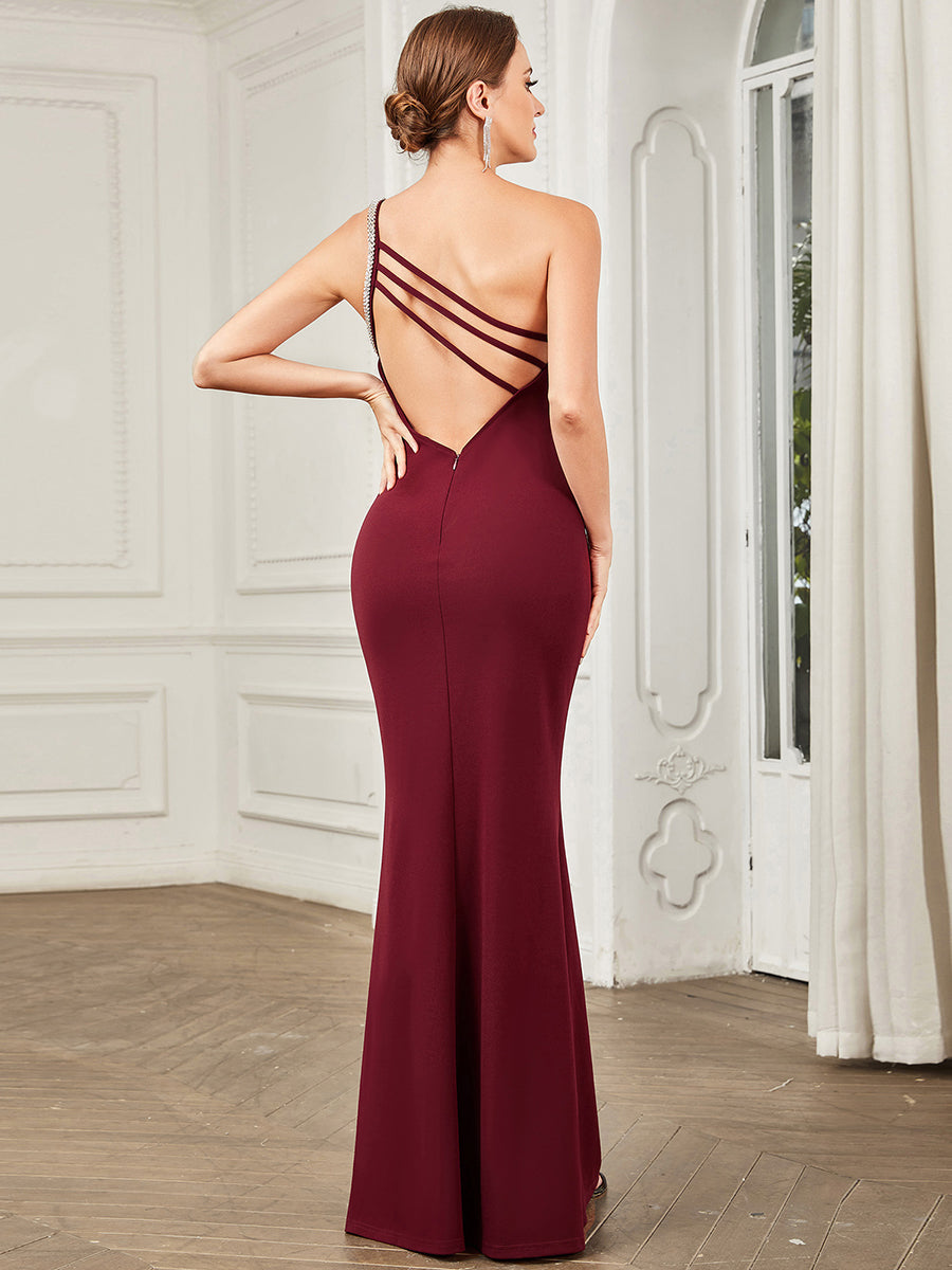 Color=Burgundy | One Shoulder Backless Fishtail Sleeveless Wholesale Evening Dresses-Burgundy 2