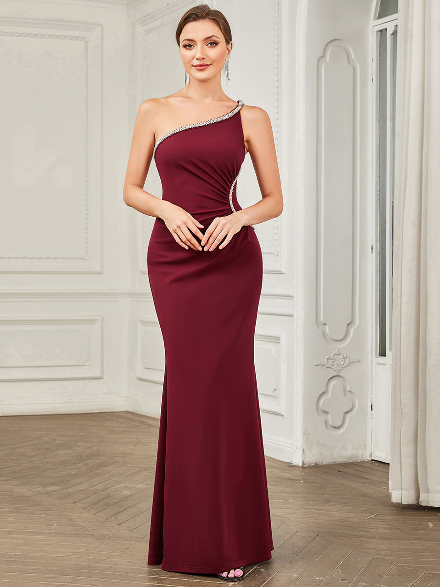 Color=Burgundy | One Shoulder Backless Fishtail Sleeveless Wholesale Evening Dresses-Burgundy 1