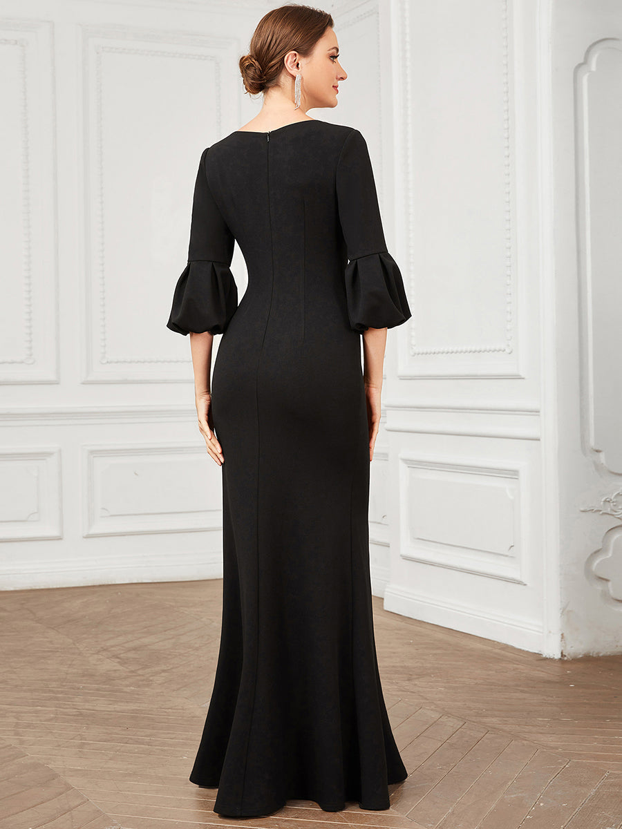 Color=Black | Sexy Fishtail Deep V Neck Puff Sleeves Wholesale Evening Dresses-Black 2