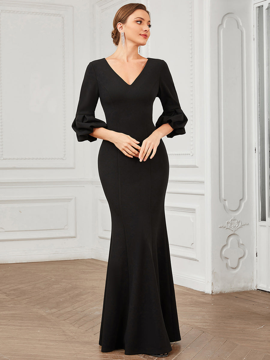 Color=Black | Sexy Fishtail Deep V Neck Puff Sleeves Wholesale Evening Dresses-Black 1