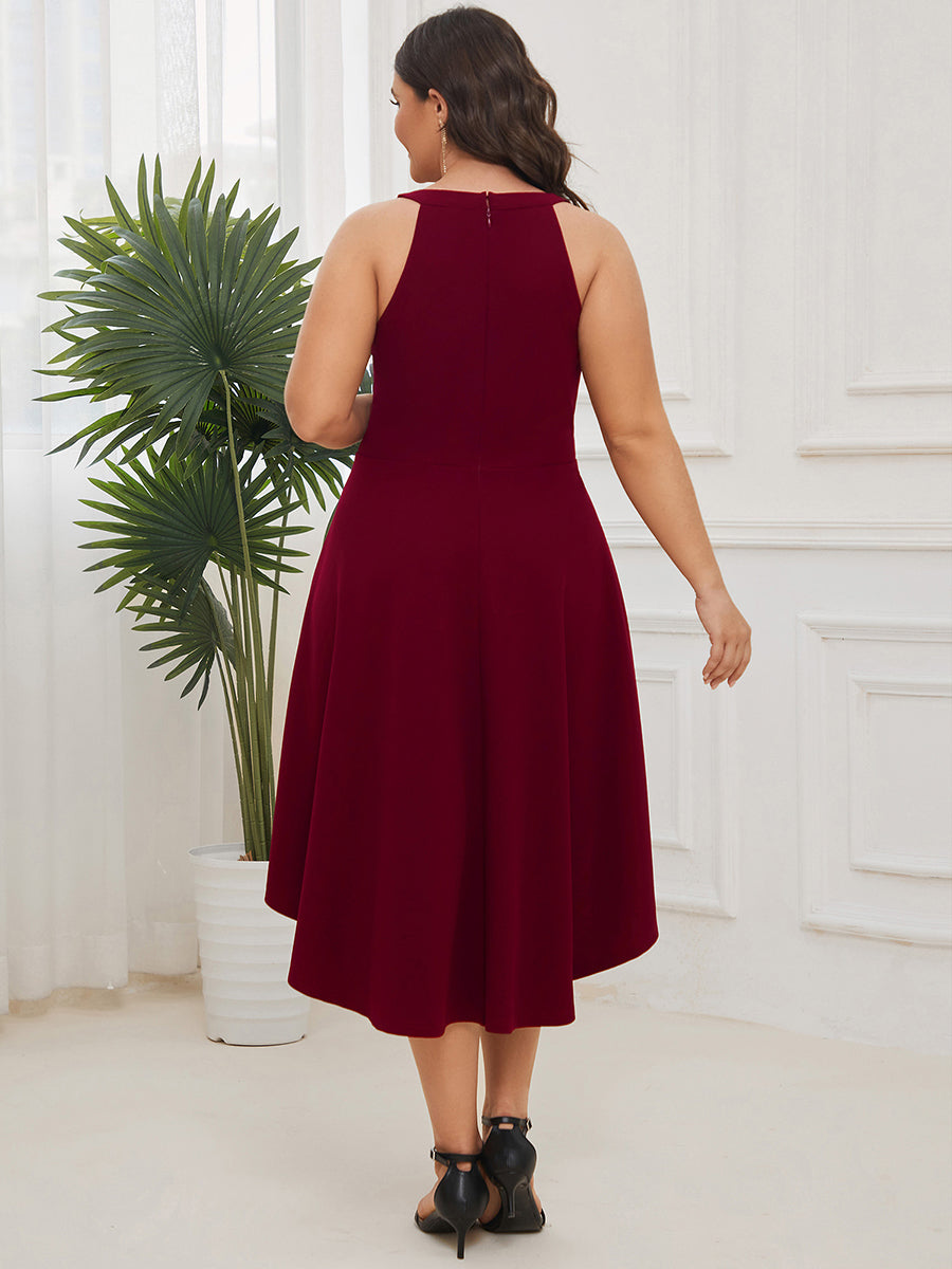 Color=Burgundy | Round Neck Knee Length Asymmetrical Hem Wholesale Evening Dresses-Burgundy 2