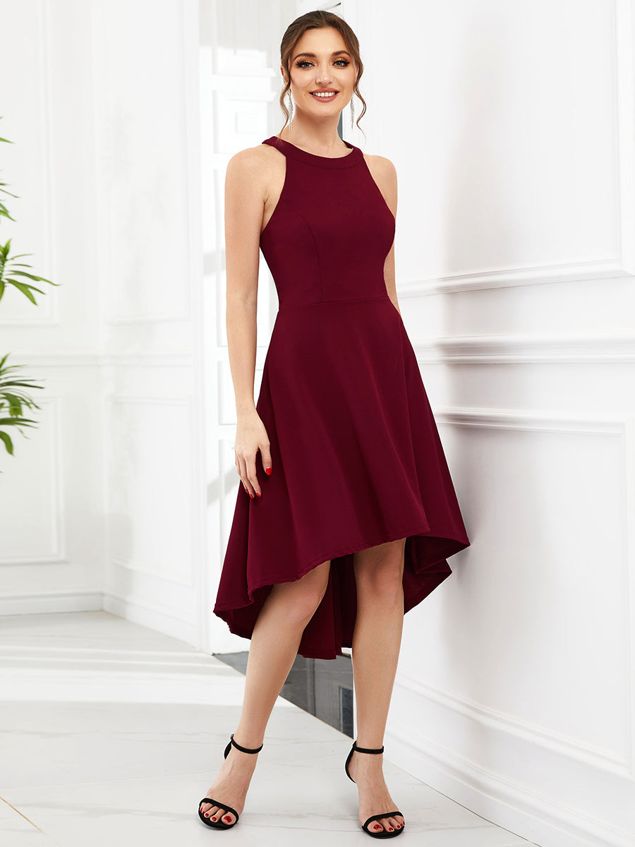Color=Burgundy | Round Neck Knee Length Asymmetrical Hem Wholesale Evening Dresses-Burgundy 4