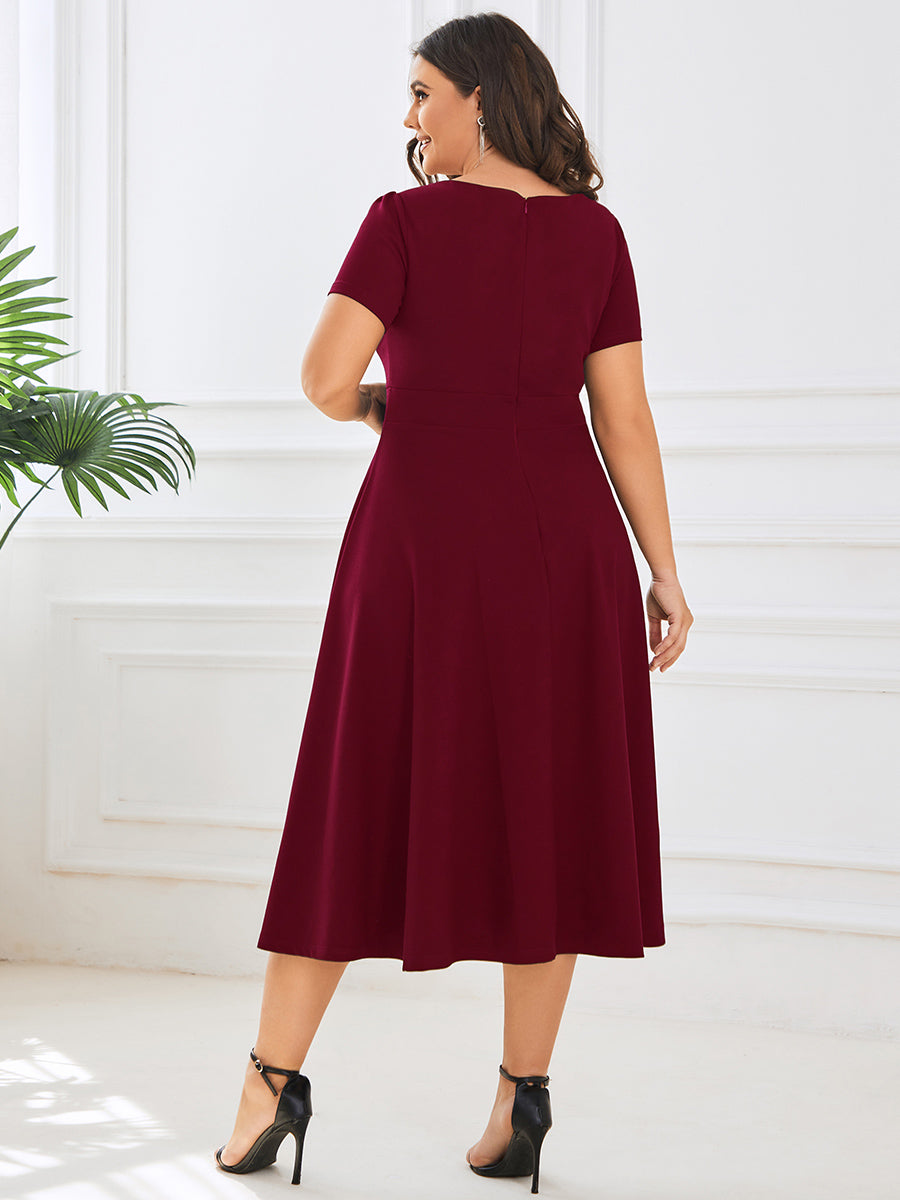 Color=Burgundy | Deep V Neck Knee Length Short Sleeves A Line Wholesale Evening Dresses-Burgundy 2