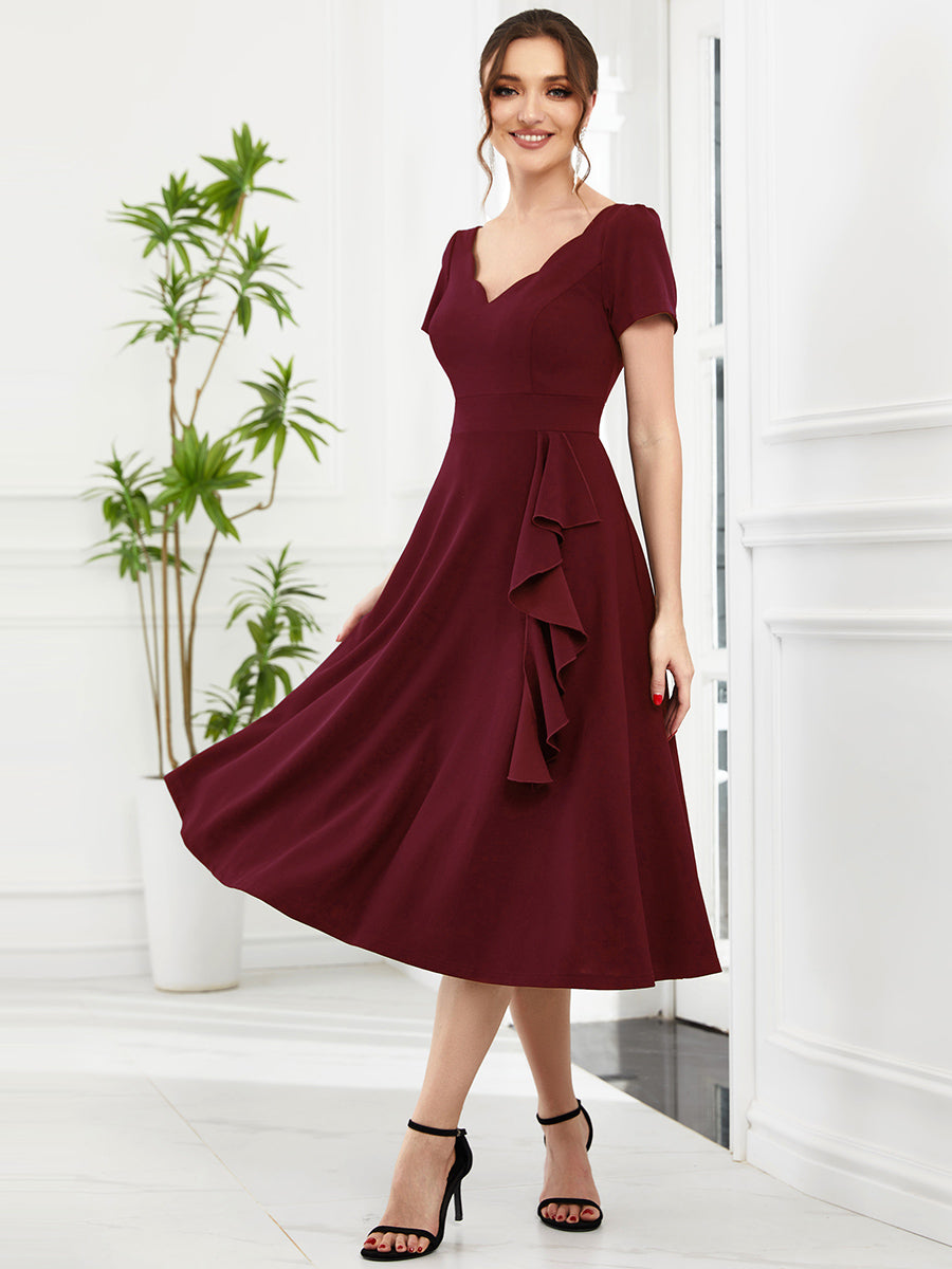 Color=Burgundy | Deep V Neck Knee Length Short Sleeves A Line Wholesale Evening Dresses-Burgundy 1