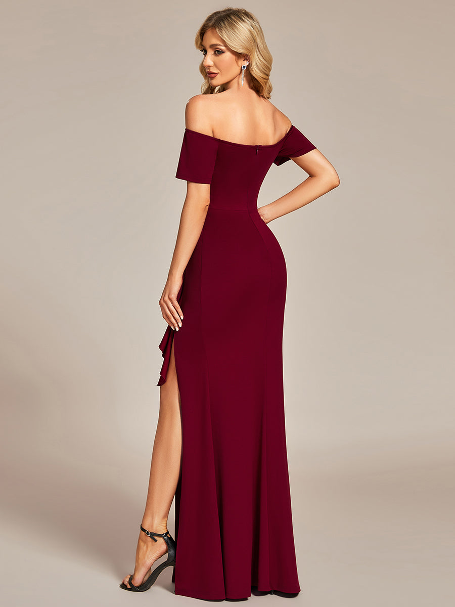 Color=Burgundy | Off Shoulder Split Ruched Wholesale Evening Dresses-Burgundy 2