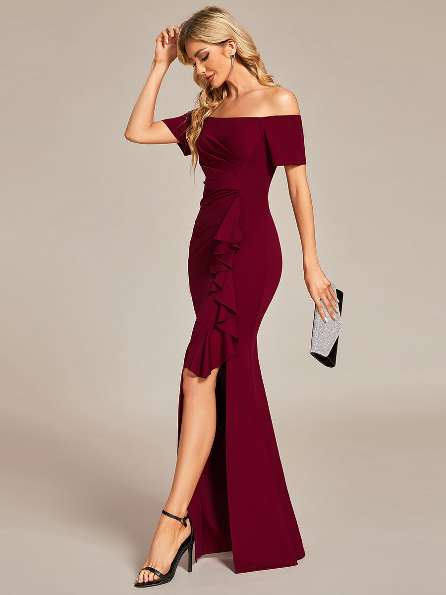 Color=Burgundy | Off Shoulder Split Ruched Wholesale Evening Dresses-Burgundy 3