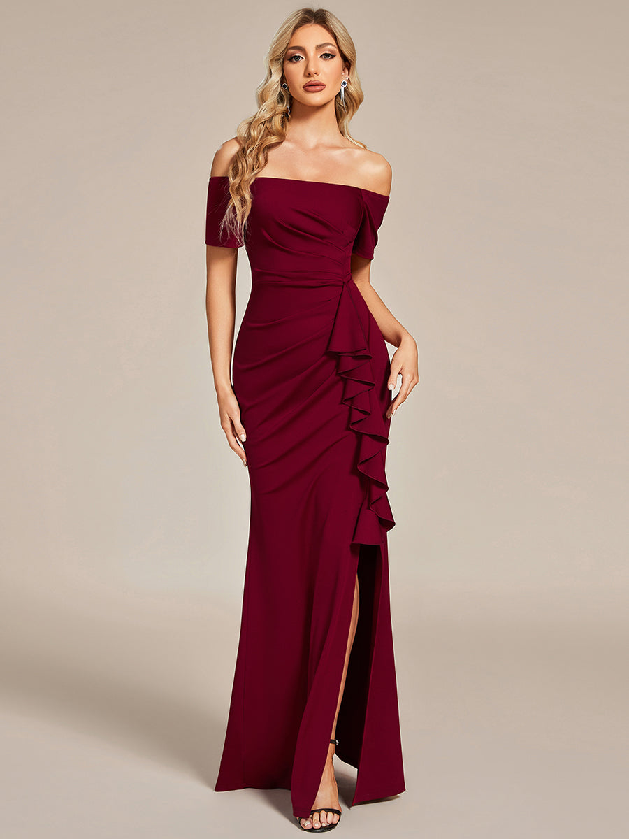 Color=Burgundy | Off Shoulder Split Ruched Wholesale Evening Dresses-Burgundy 1