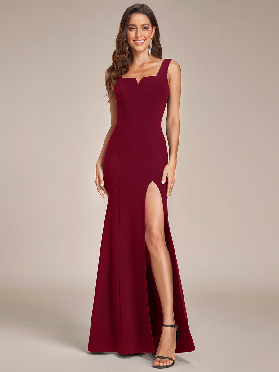 Color=Burgundy | Square Neck High Split Mermaid Wholesale Evening Dresses-Burgundy 1