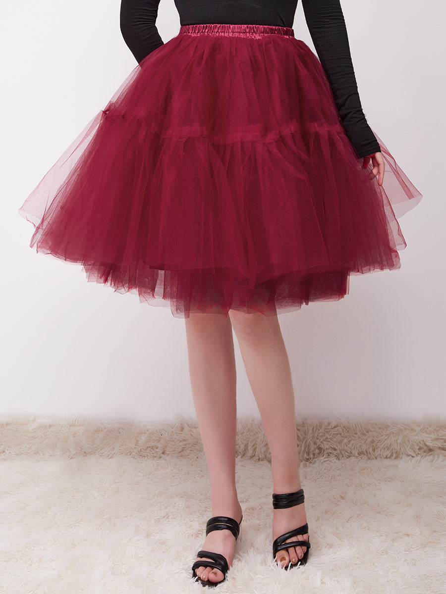 Color=Burgundy | Knee-Length Tulle TUTU Dress Under Skirt-Burgundy 2