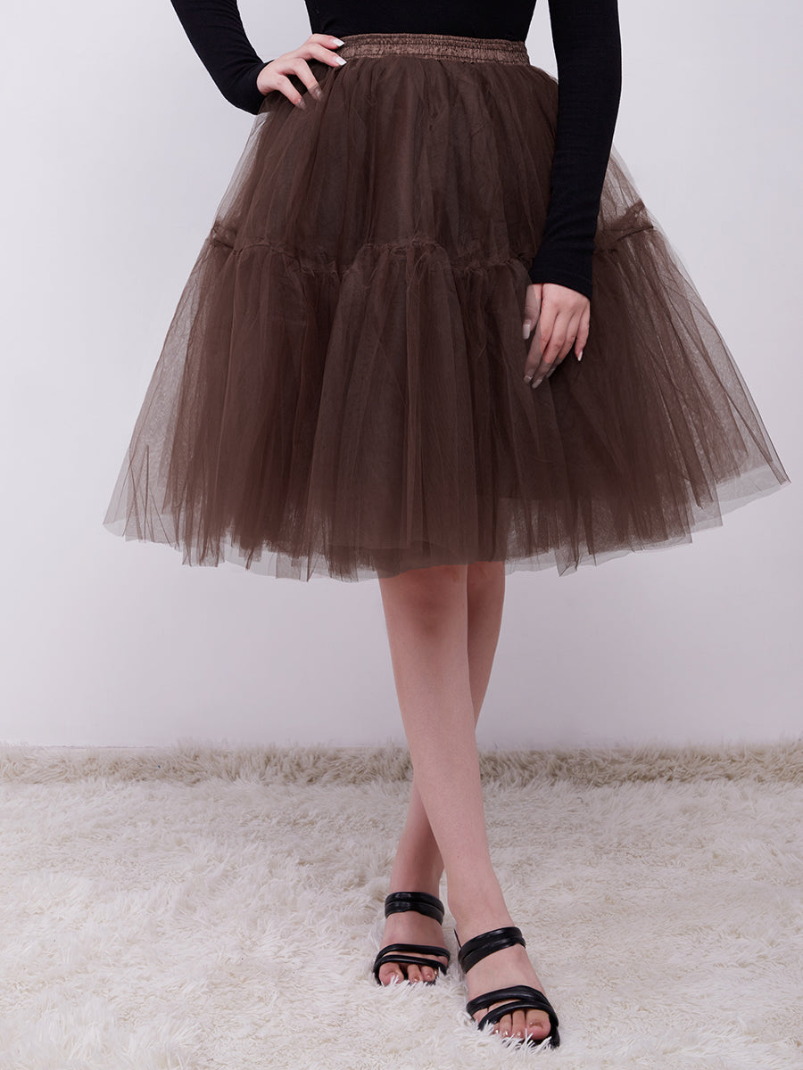 Color=Coffee | Knee-Length Tulle TUTU Dress Under Skirt-Coffee 5