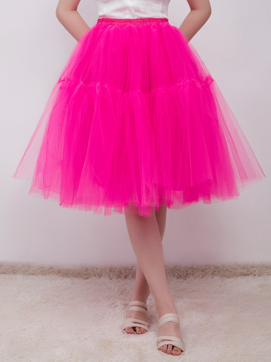 Color=Hot Pink | Knee-Length Tulle TUTU Dress Under Skirt-Hot Pink 6