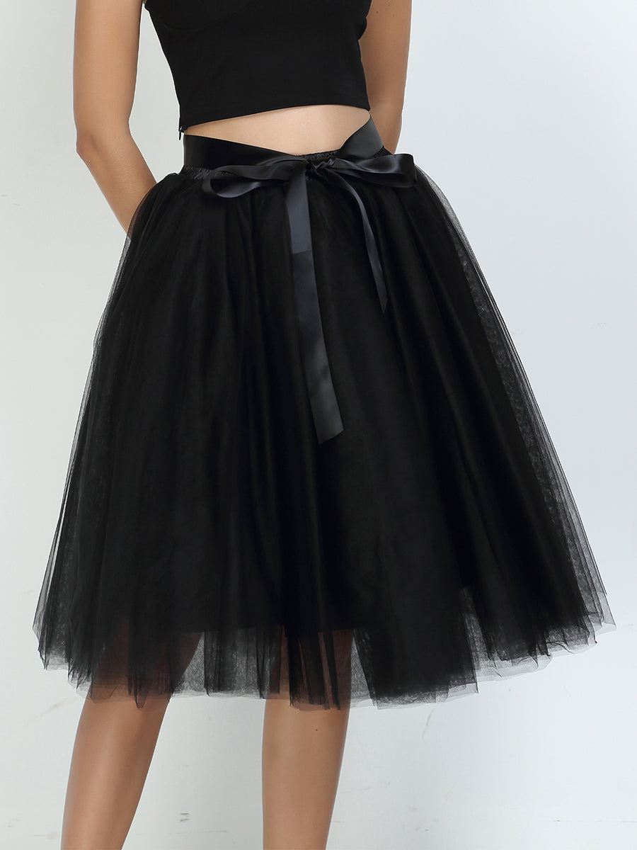 Color=Black | Knee-Length Tulle TUTU Dress Under Skirt-Black 3