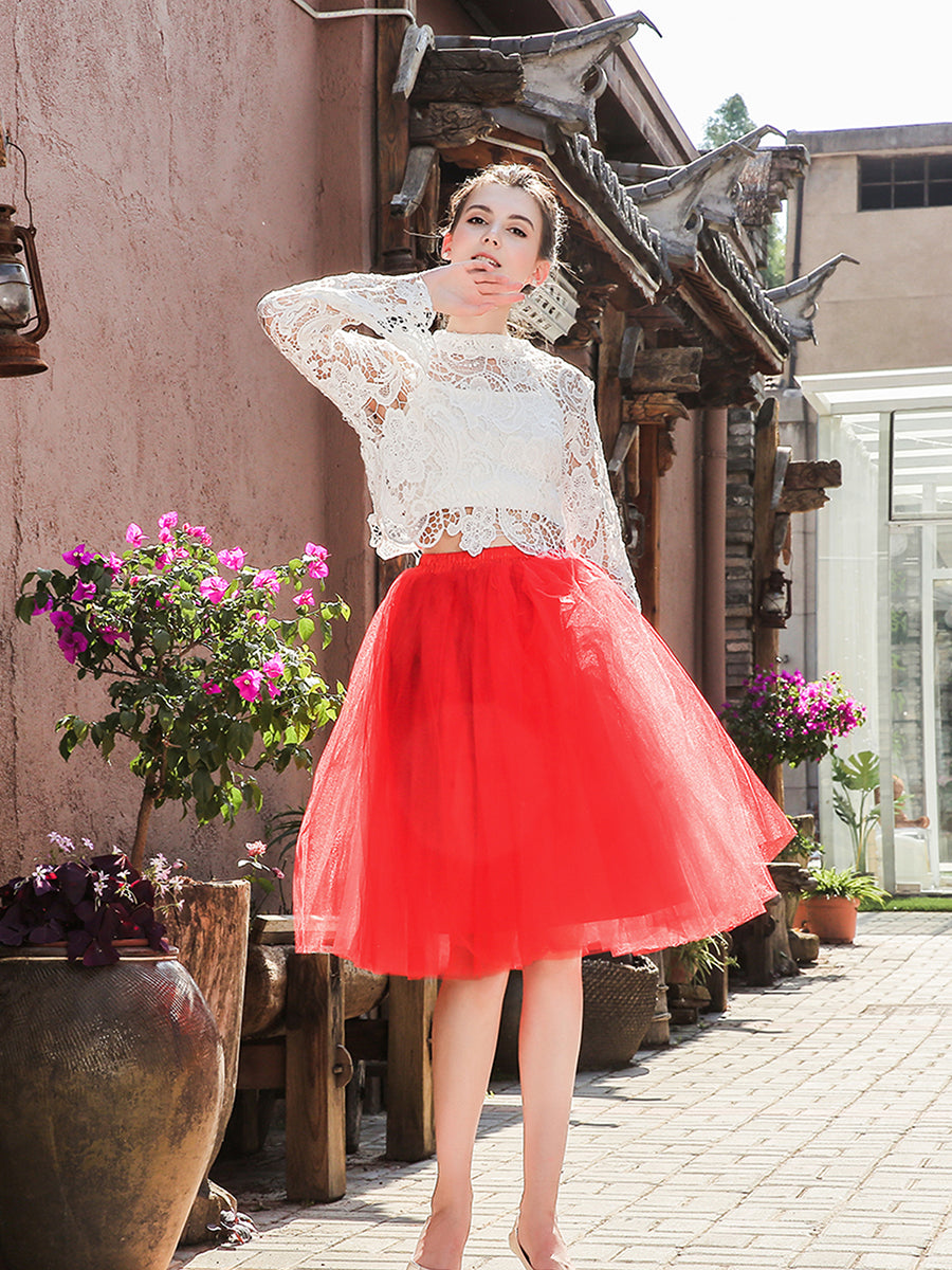 Color=Red | Knee-Length Tulle TUTU Dress Under Skirt-Red 6