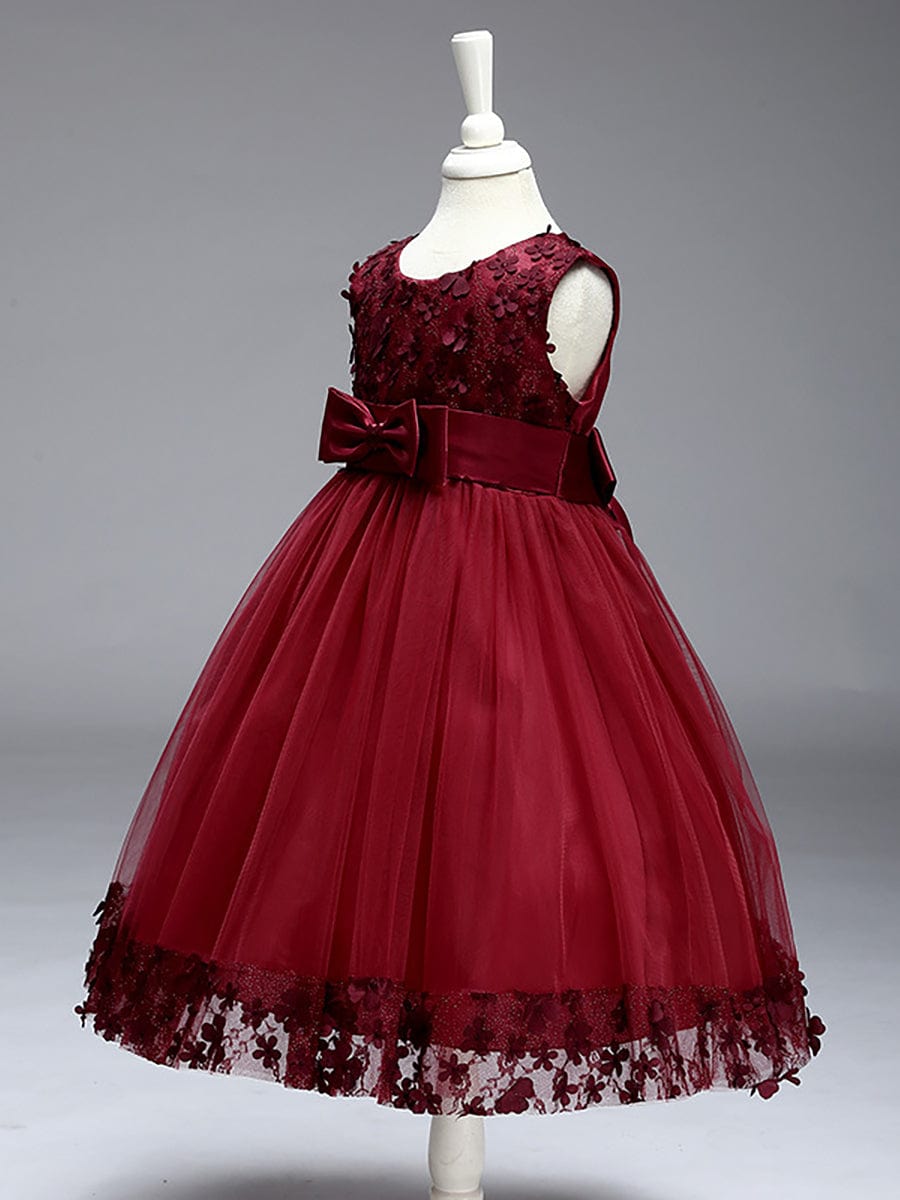 Flower Adorned Sheer Flower Girl Dress with Butterfly Bows #color_Burgundy