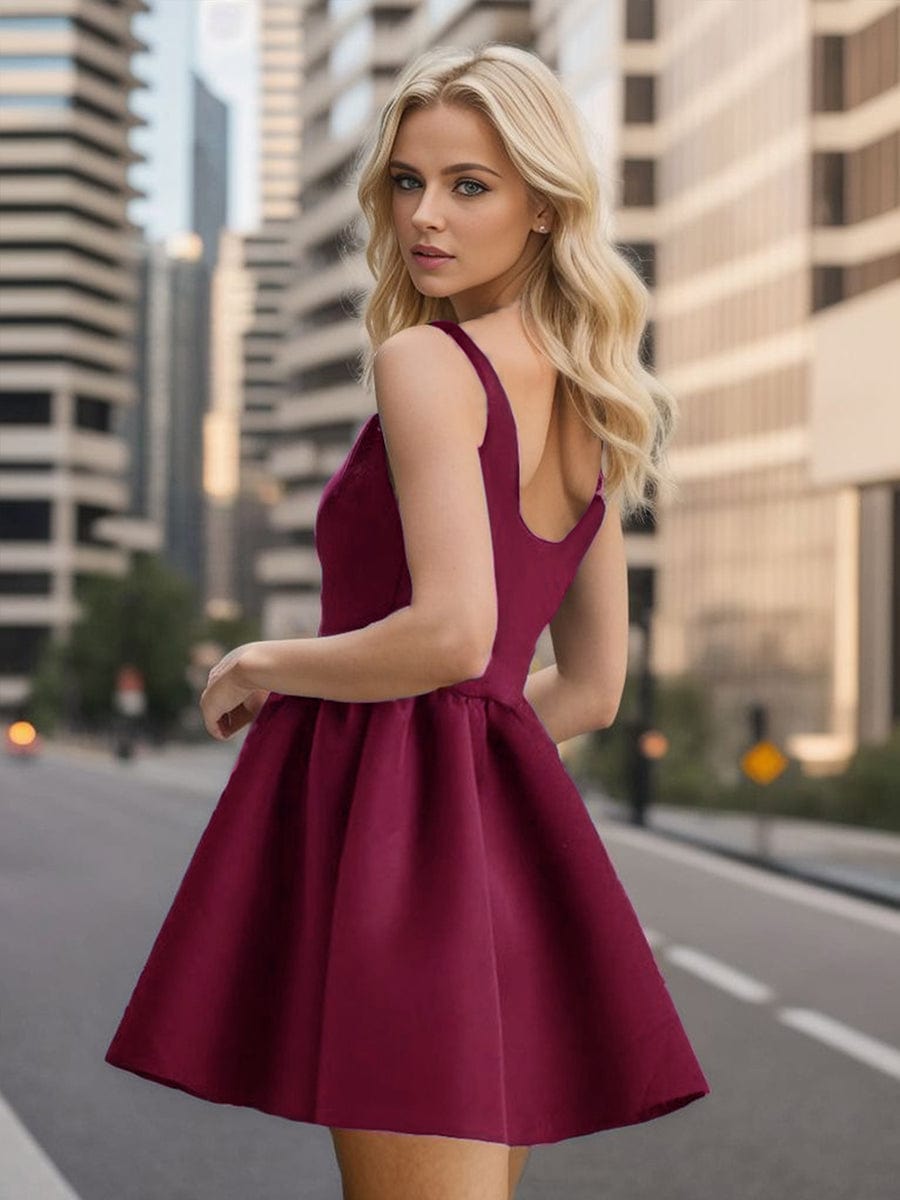 Chic Square Neck Open Back A-line Satin Homecoming Dress#color_Burgundy