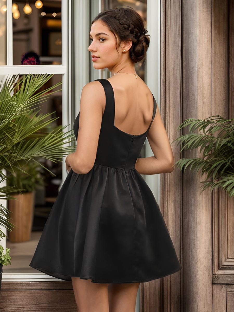 Chic Square Neck Open Back A-line Satin Homecoming Dress#color_Black