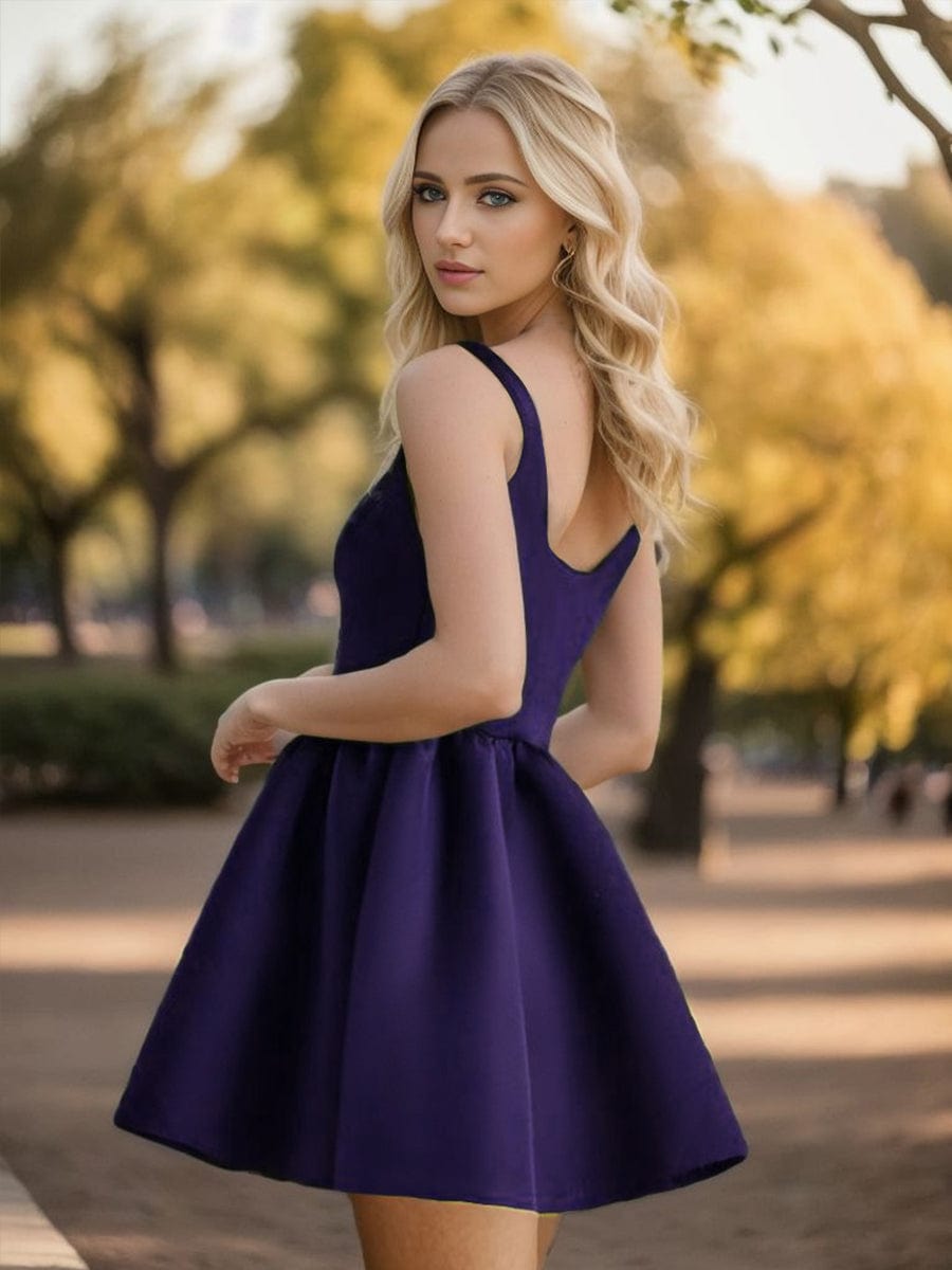 Chic Square Neck Open Back A-line Satin Homecoming Dress#color_Dark Purple