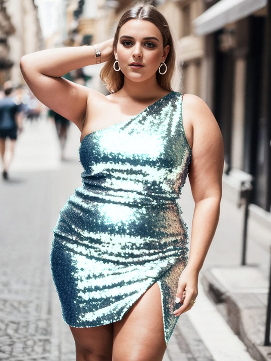 Plus Size Sparkly One Shoulder Sequin Bodycon Homecoming Dress#color_Dusty Blue