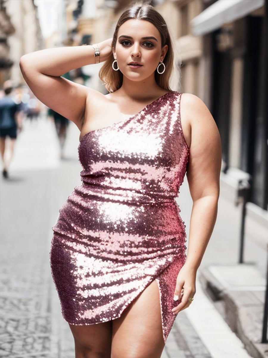 Plus Size Sparkly One Shoulder Sequin Bodycon Homecoming Dress#color_Purple Orchid