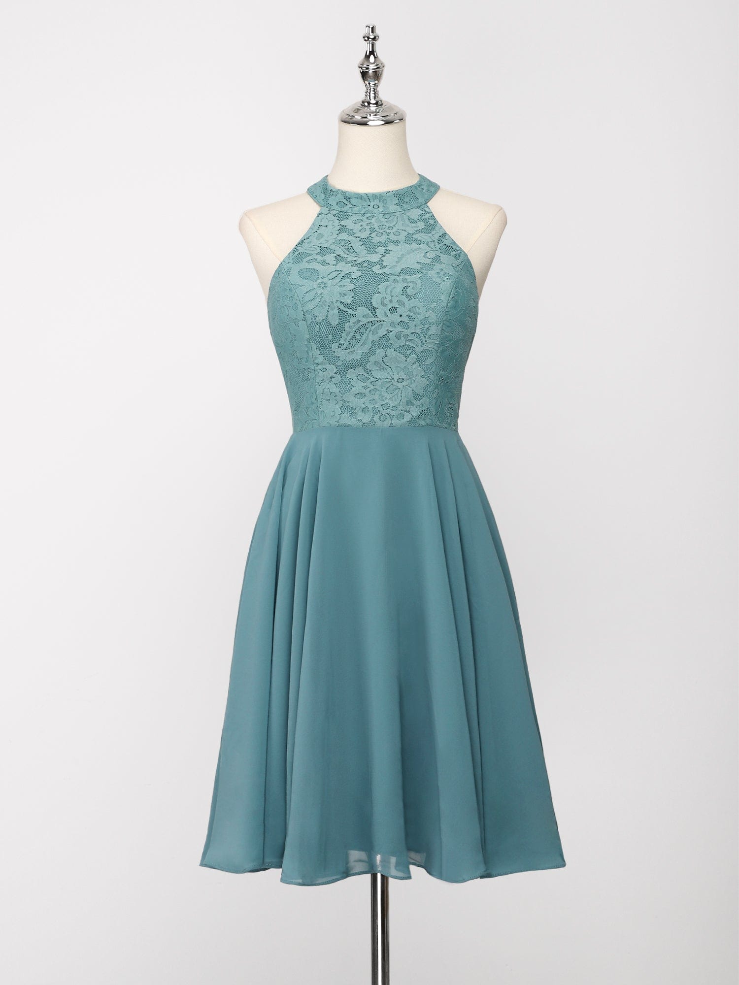 Mini Lace Halter Neck Backless Chiffon Homecoming Dress#color_Dusty Blue