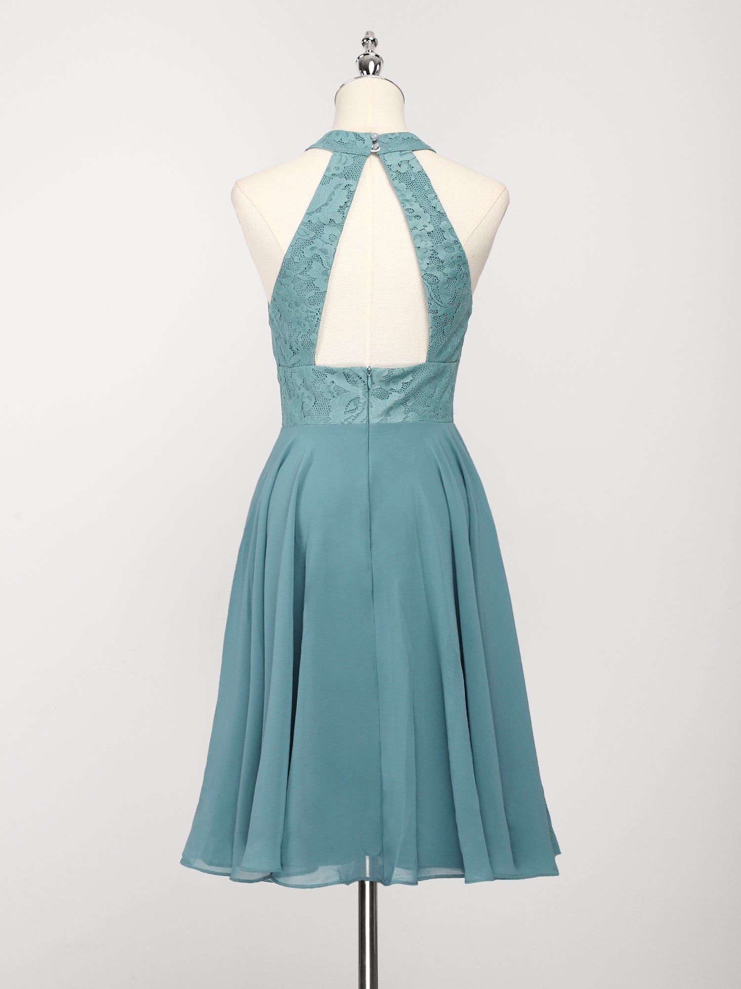 Mini Lace Halter Neck Backless Chiffon Homecoming Dress#color_Dusty Blue