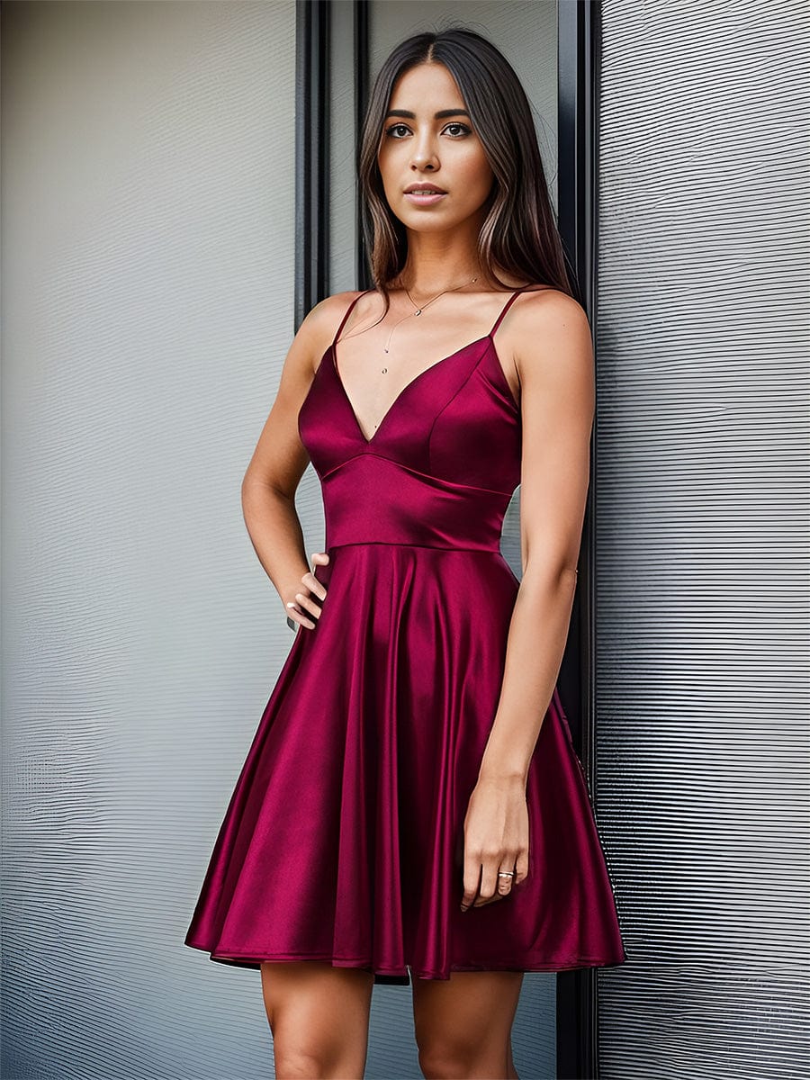 A-Line Spaghetti Straps Back Lace-Up Homecoming Dress#color_Burgundy