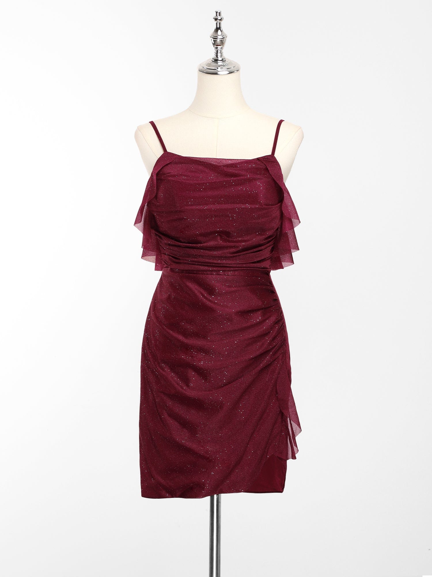 Glitter A-Line Pleated Spaghetti Straps Mini Homecoming Dress#color_Burgundy