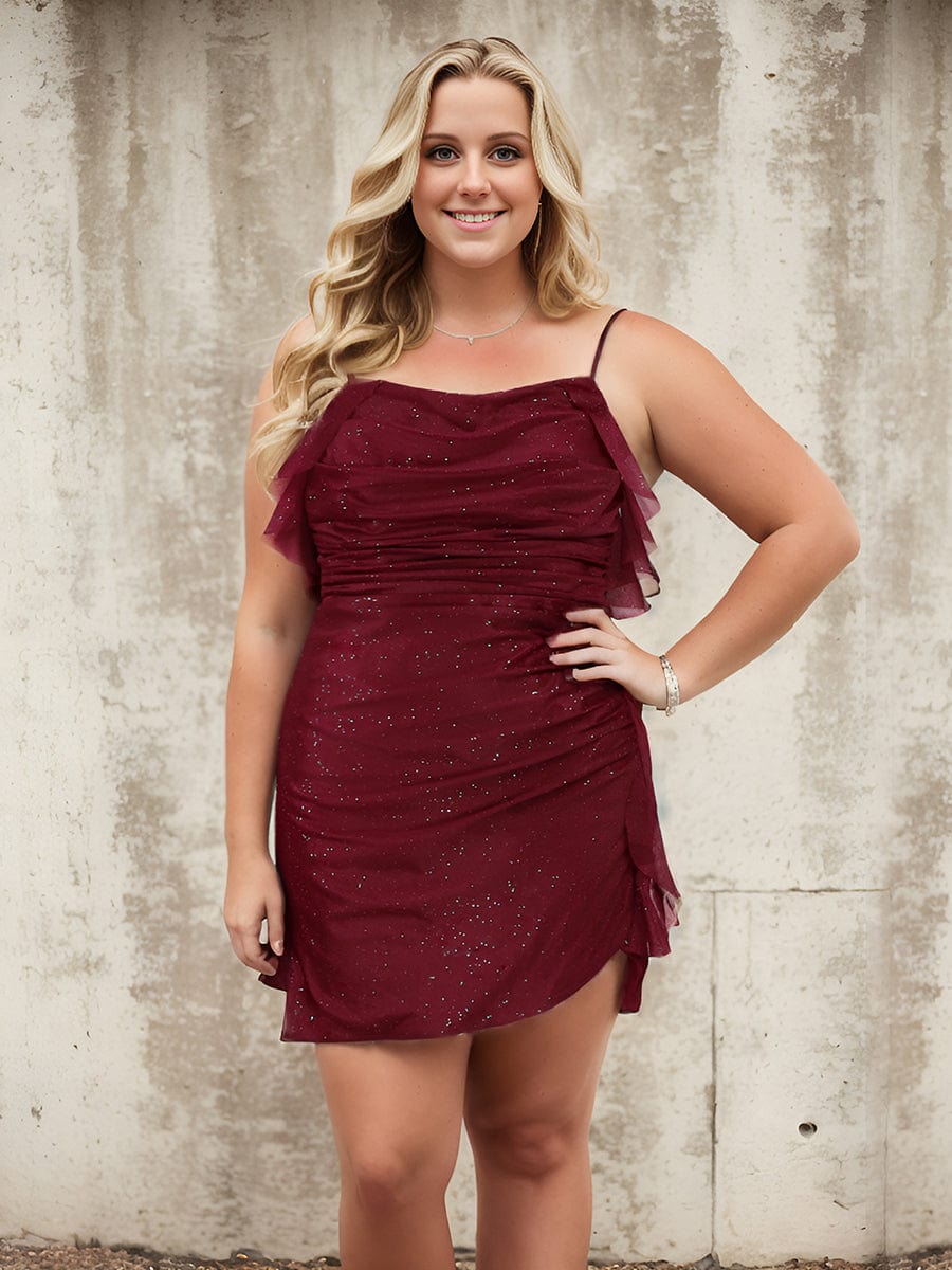 Glitter A-Line Pleated Spaghetti Straps Mini Homecoming Dress#color_Burgundy