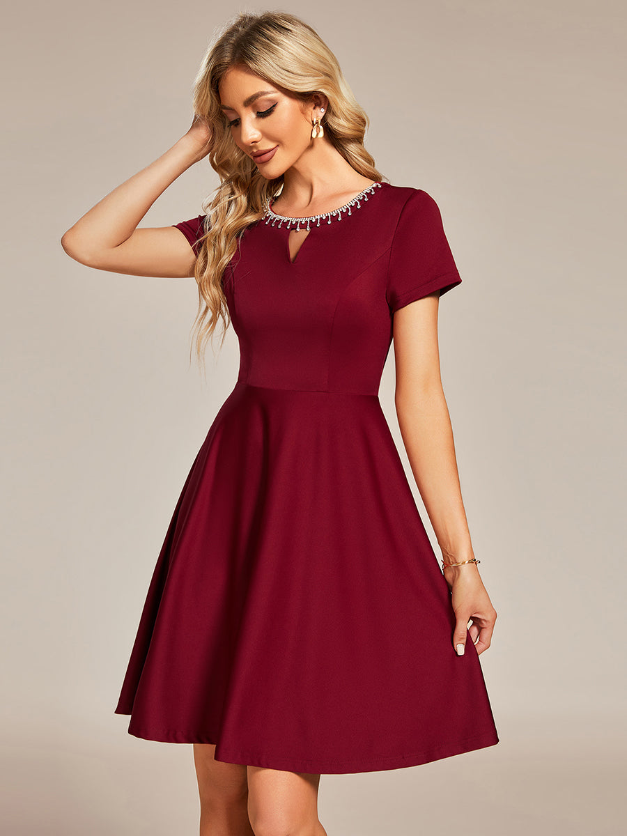 Color=Burgundy | Round Neck Rinestone Mini Wholesale Cocktail Dresses-Burgundy 1