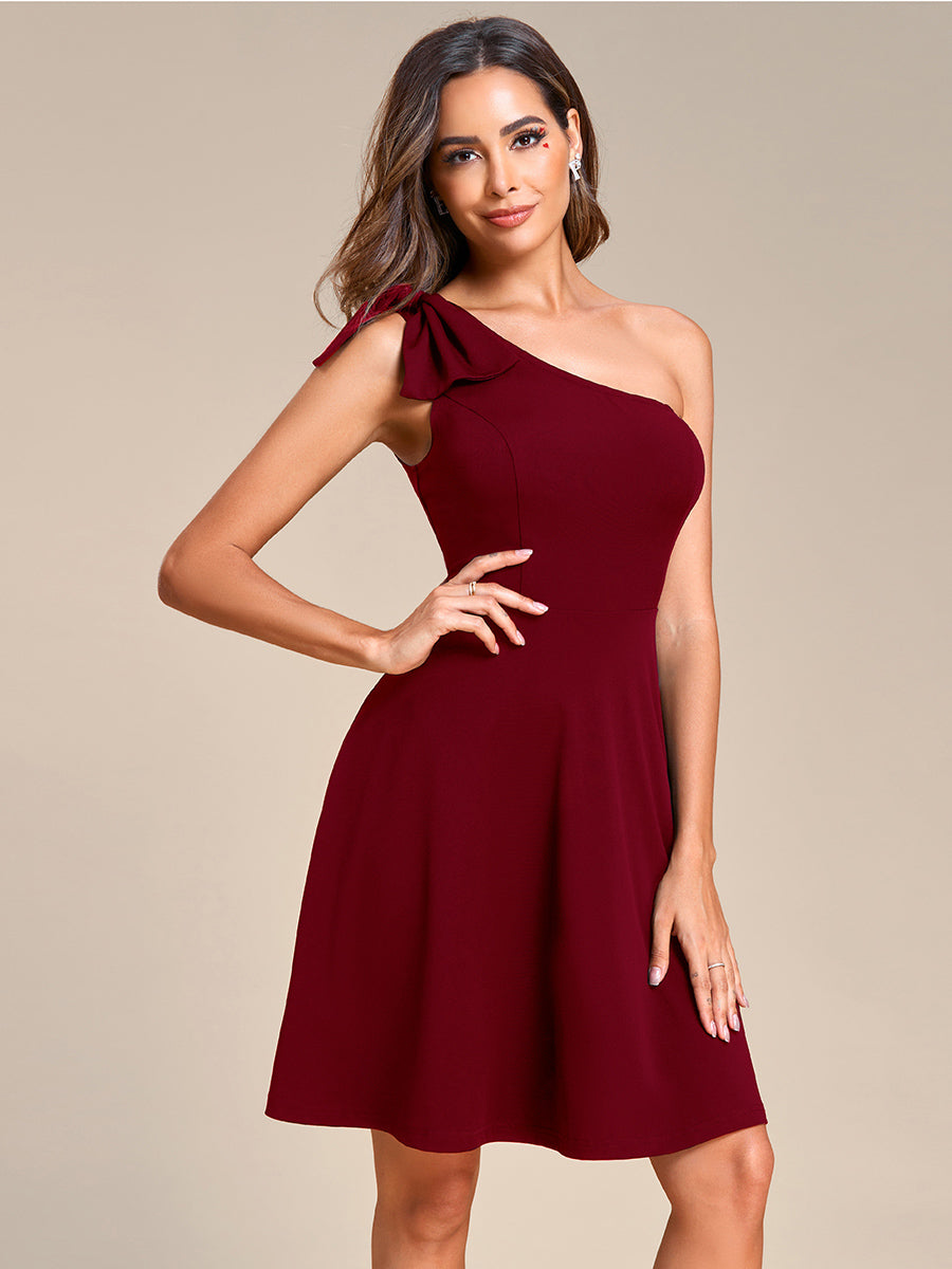 Color=Burgundy | Bowknot Asymetrical One ShoulderCocktai Dress-Burgundy