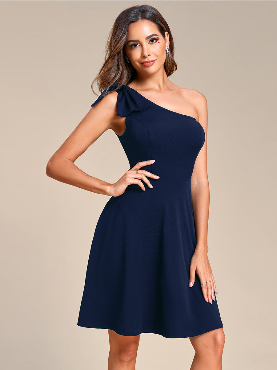 Color=Navy Blue | Bowknot Asymetrical One ShoulderCocktai Dress-Navy Blue