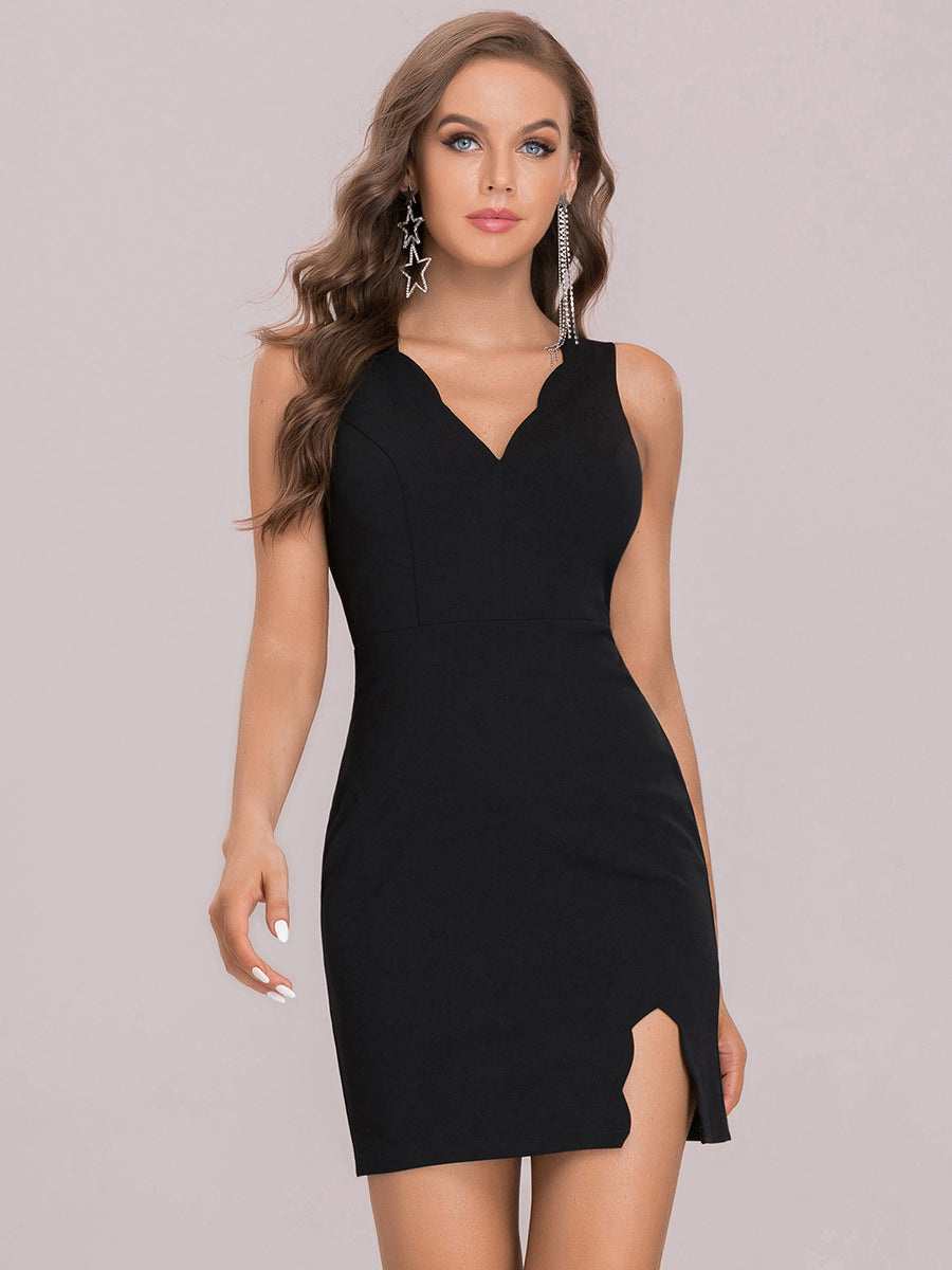 Color=Black | Simple and Cute Deep V Neck Sleeveless Wholesale Cocktail Dresses-Black 8