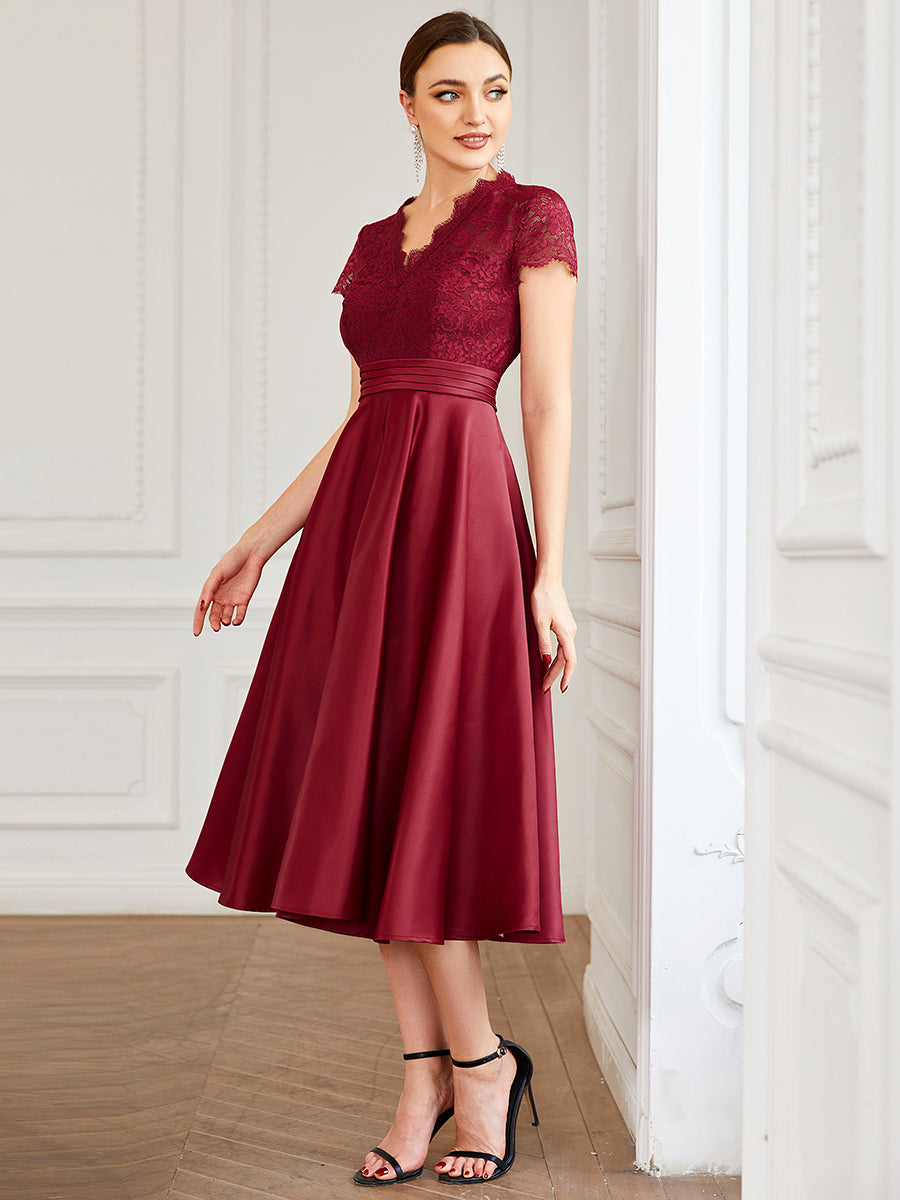 Color=Burgundy | Women's Short Sleeves Knee-Length Wholesale Cocktail Dresses-Burgundy 3