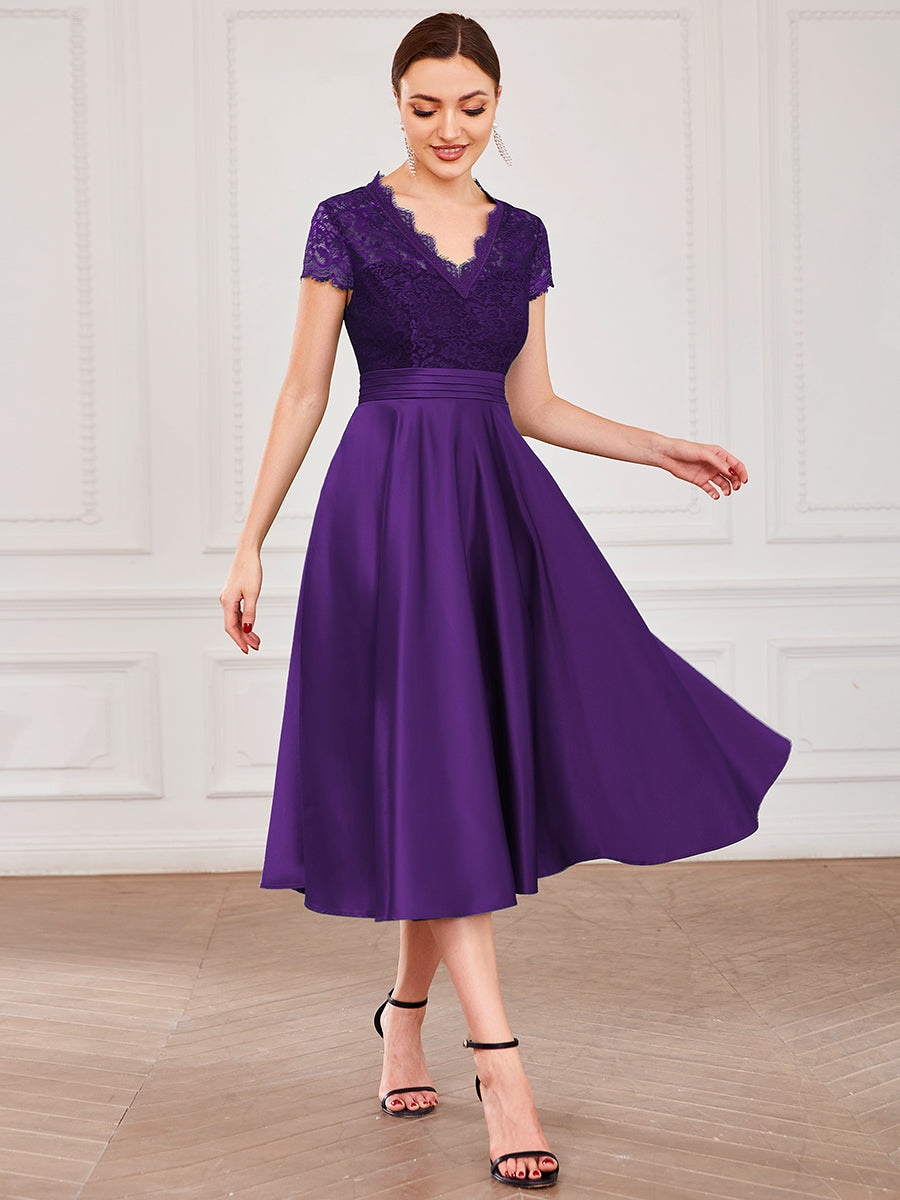 Shop Chiffon Asymmetrical Hem V-Neck Midi Lace Bridesmaid Dress |Wedding  Guest - Ever-Pretty US