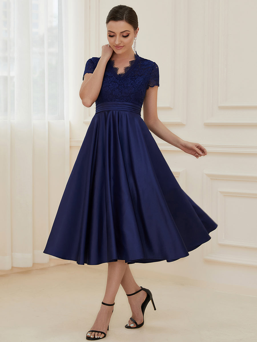 Color=Navy Blue | Women's Short Sleeves Knee-Length Wholesale Cocktail Dresses-Navy Blue 3