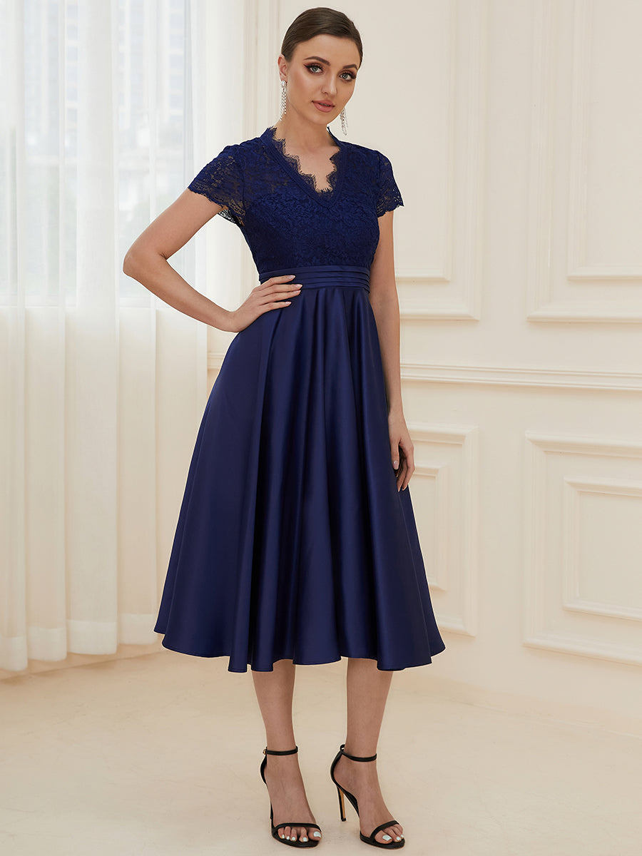 Color=Navy Blue | Women's Short Sleeves Knee-Length Wholesale Cocktail Dresses-Navy Blue 4
