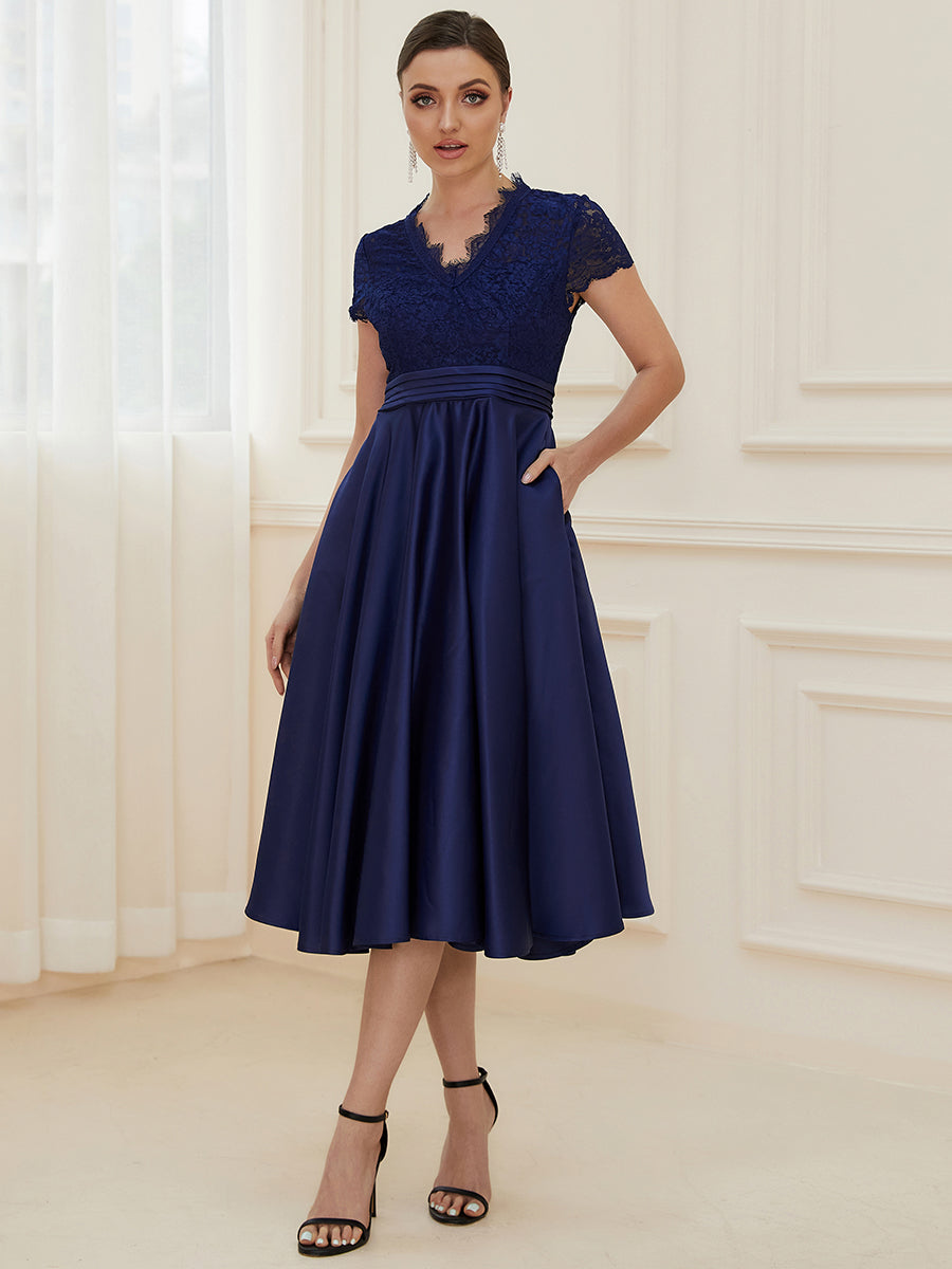 Color=Navy Blue | Women's Short Sleeves Knee-Length Wholesale Cocktail Dresses-Navy Blue 1