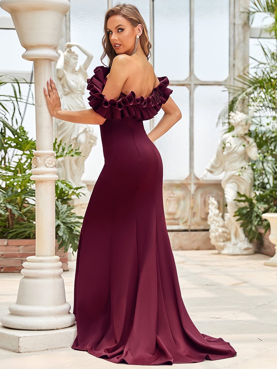 Color=Burgundy | Cute Wholesale Ruffled Off Shoulder Long Fishtail Evening Dress-Burgundy 2
