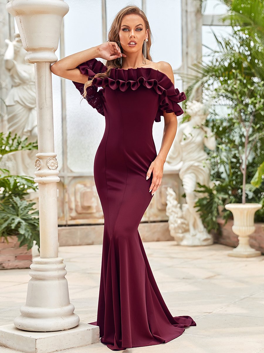 Color=Burgundy | Cute Wholesale Ruffled Off Shoulder Long Fishtail Evening Dress-Burgundy 4