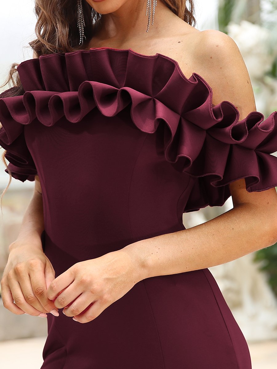 Color=Burgundy | Cute Wholesale Ruffled Off Shoulder Long Fishtail Evening Dress-Burgundy 5