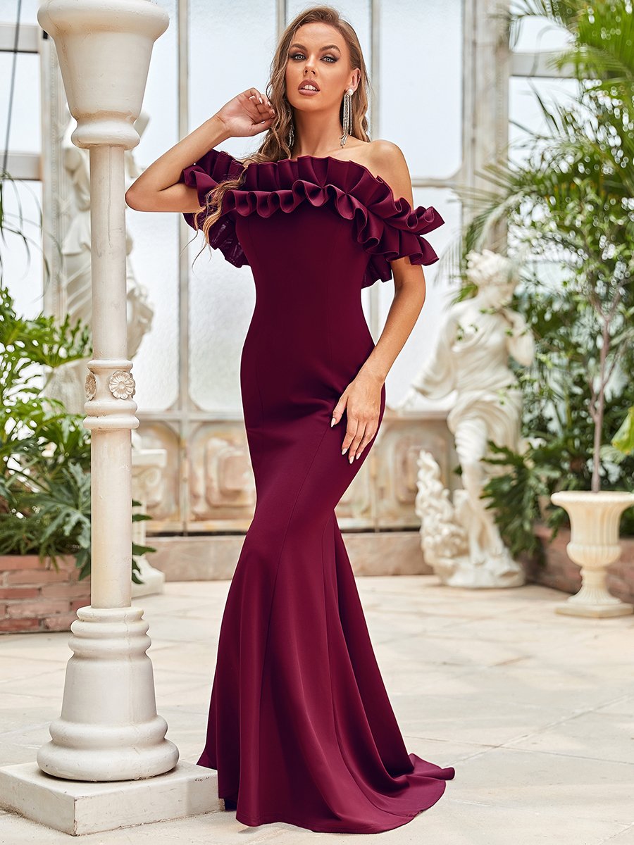 Color=Burgundy | Cute Wholesale Ruffled Off Shoulder Long Fishtail Evening Dress-Burgundy 1
