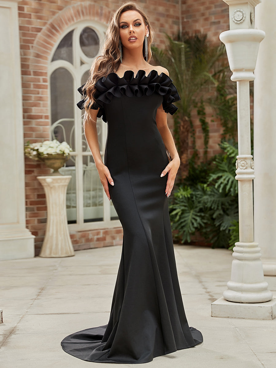 Color=Black | Cute Wholesale Ruffled Off Shoulder Long Fishtail Evening Dress-Black 3