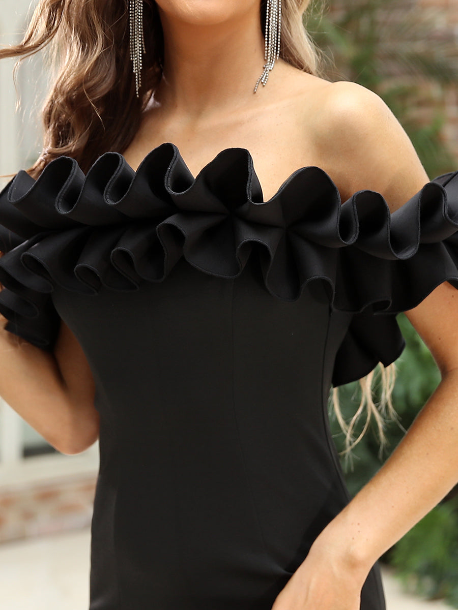 Color=Black | Cute Wholesale Ruffled Off Shoulder Long Fishtail Evening Dress-Black 5